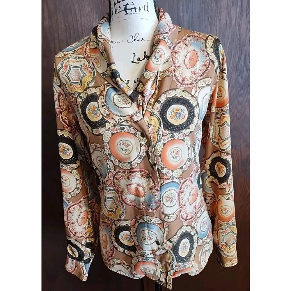 Vintage PS Illustrations Button Blouse Small Brown Pink Print Shawl Collar